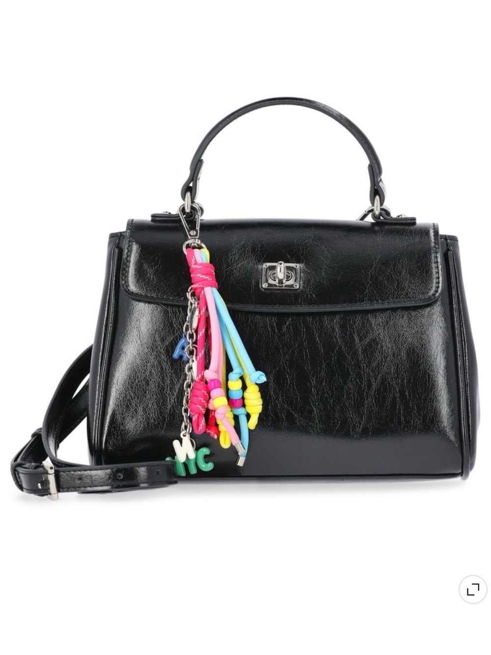 Glossy Black Mini Top-Handle Bag with Colorful Charm